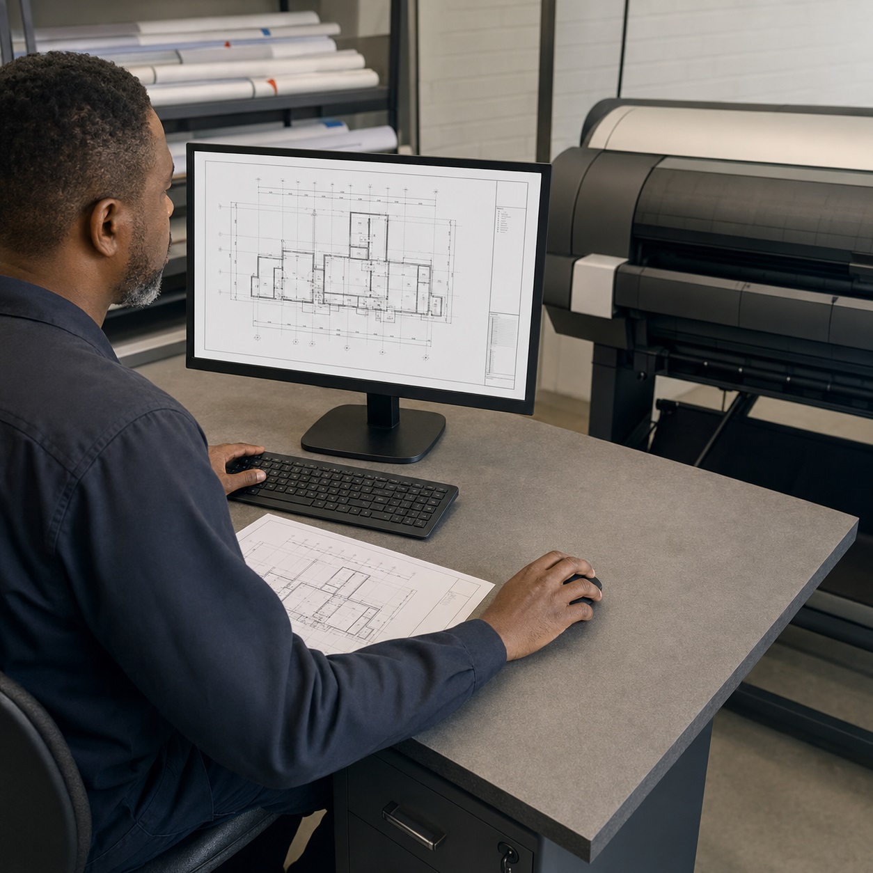 Printed architectural floor plans and colour-coded technical services drawings arranged on a worktable