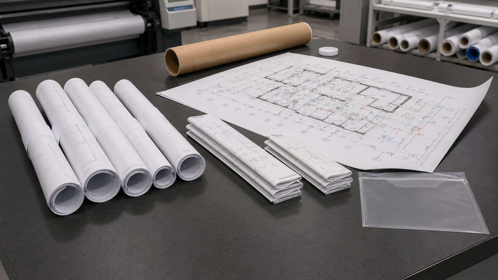 Large-format building plan with rolled and folded technical drawings prepared for collection