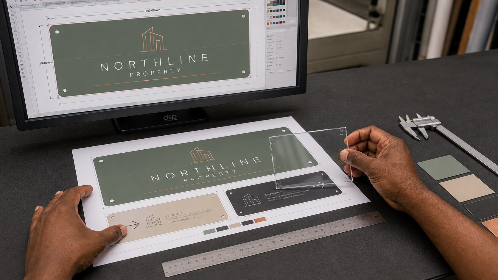 Technician checking acrylic sign dimensions, mounting holes and print-ready artwork against a production proof