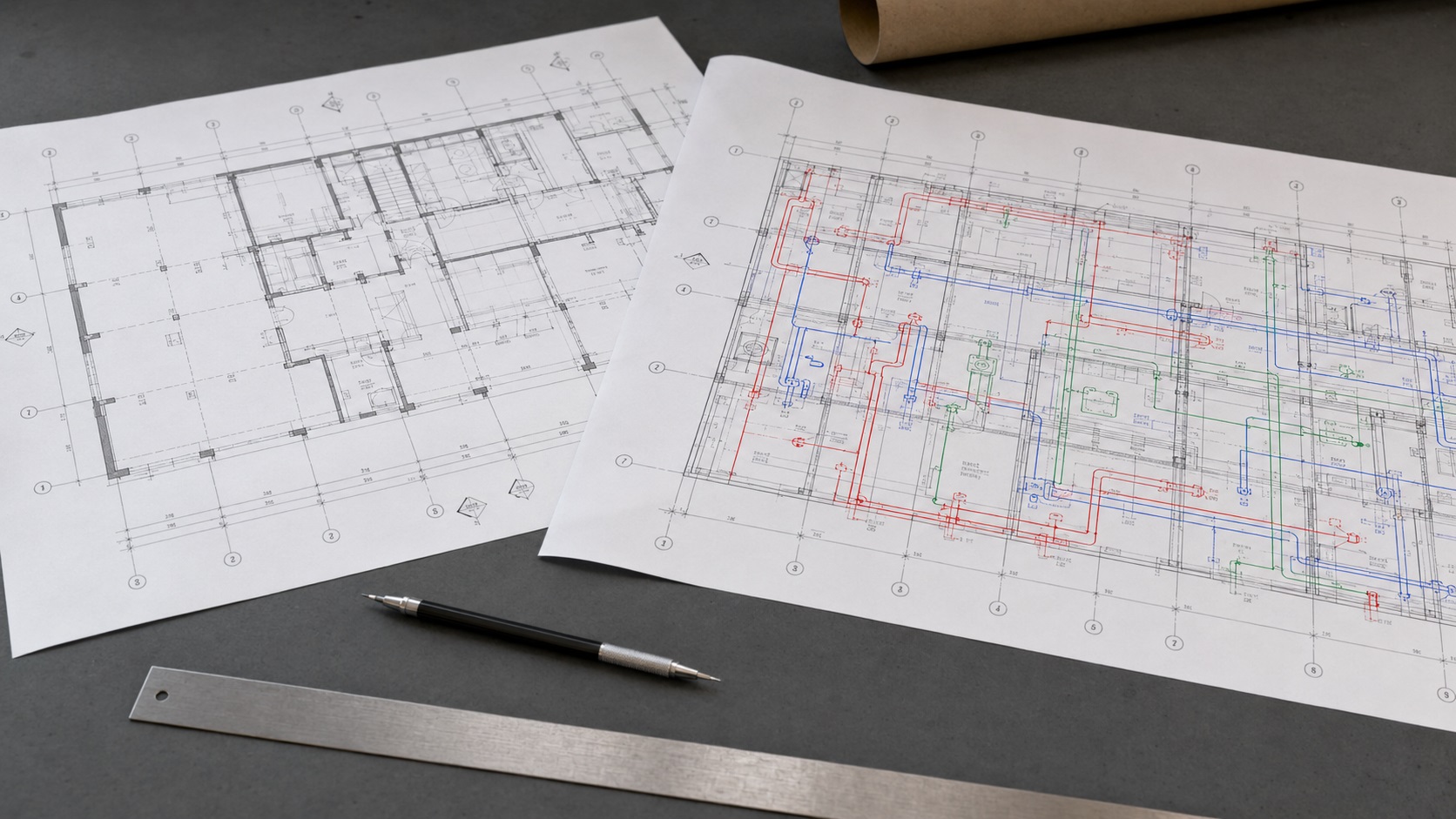 Technician reviewing an architectural plan file beside a large-format plan printer