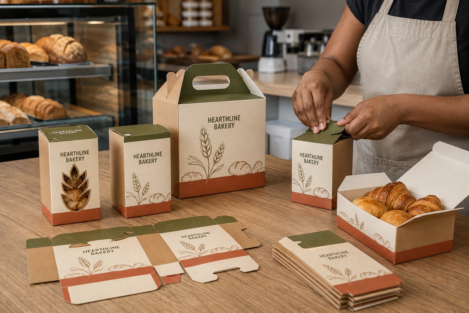Staff member assembling custom printed die-cut food packaging boxes in a South African bakery