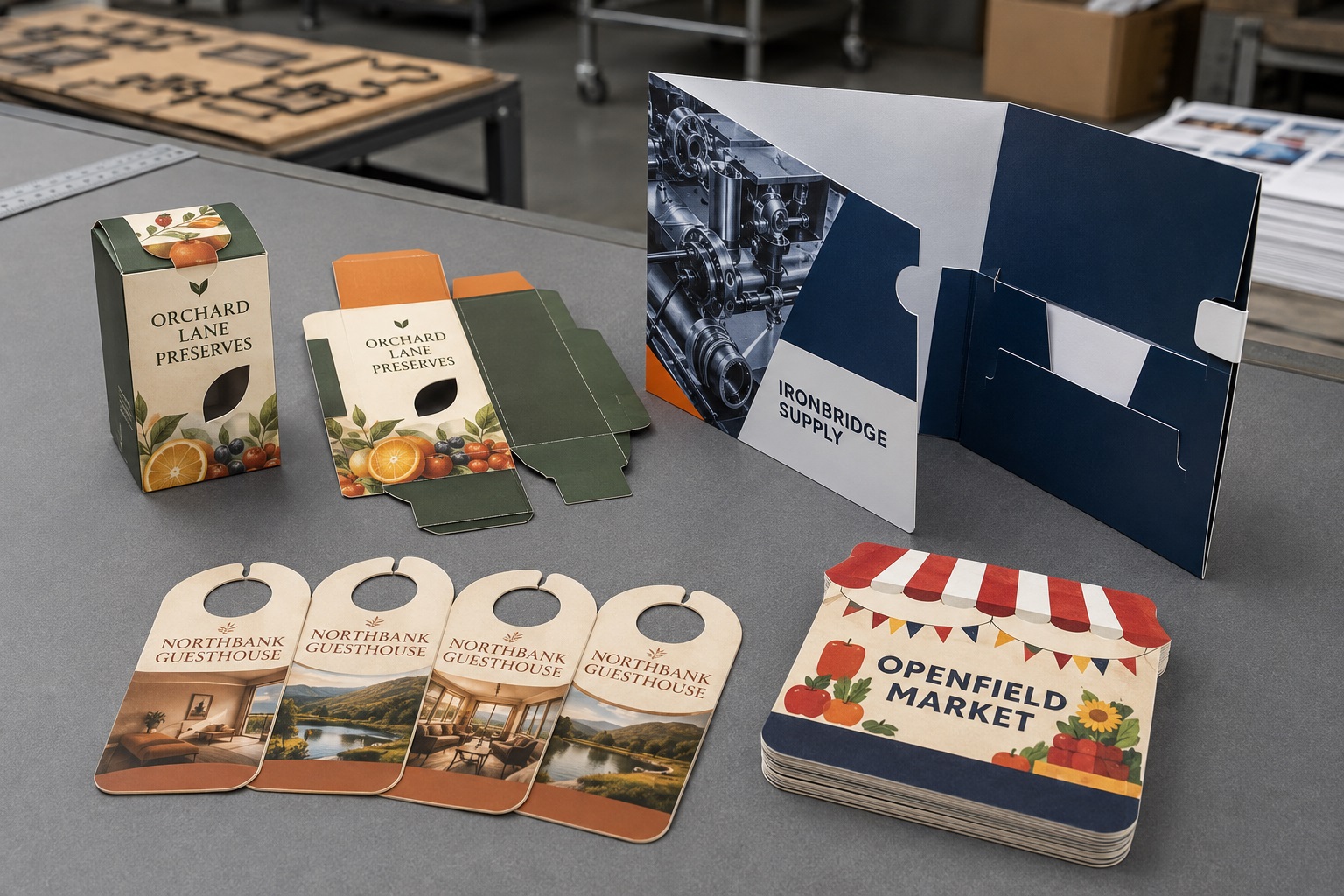 Collection of custom die-cut cartons, presentation folders, hospitality tags and promotional cards