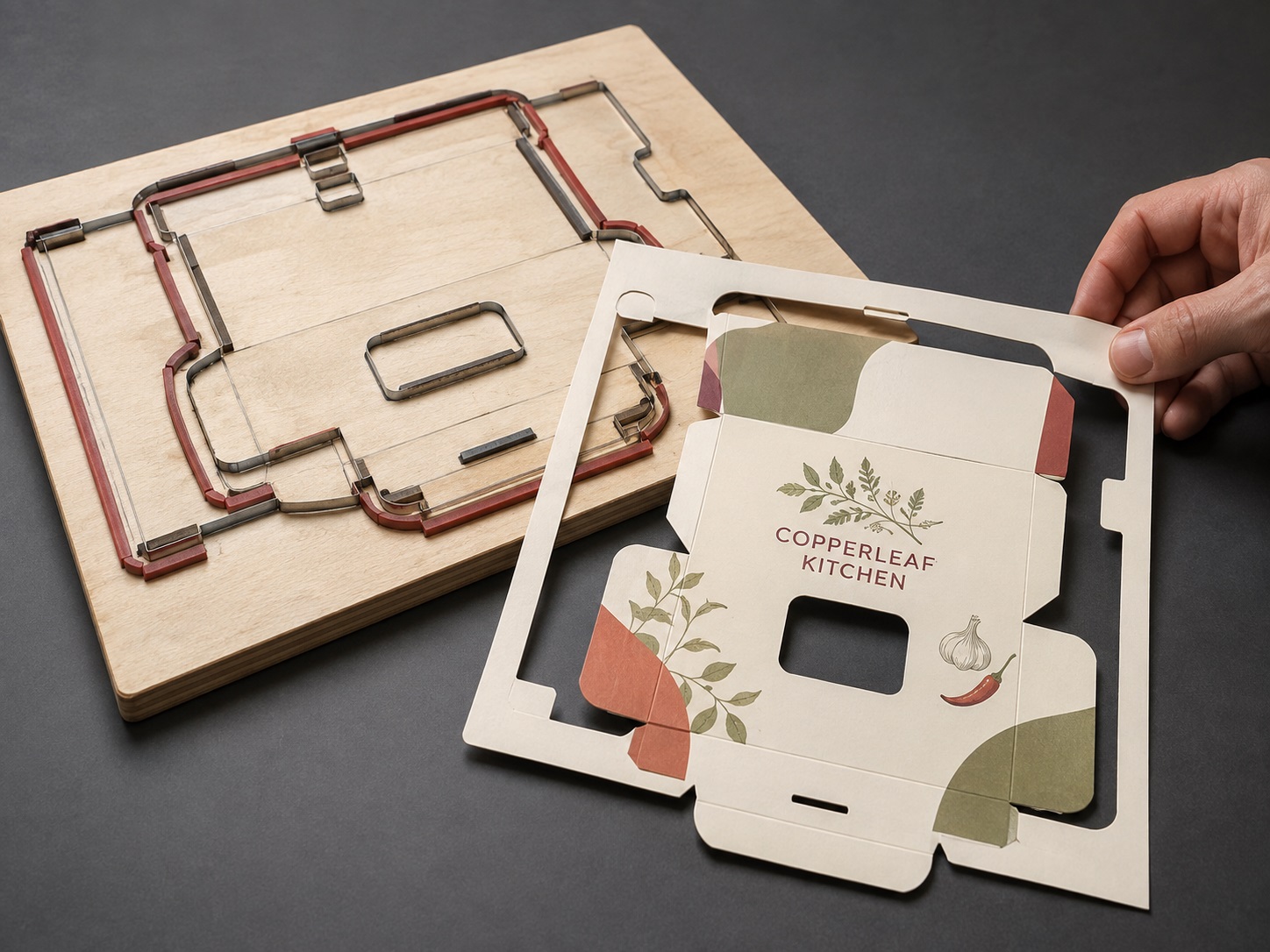 Steel-rule cutting forme and matching printed packaging blank prepared for custom die cutting in Springs, Gauteng
