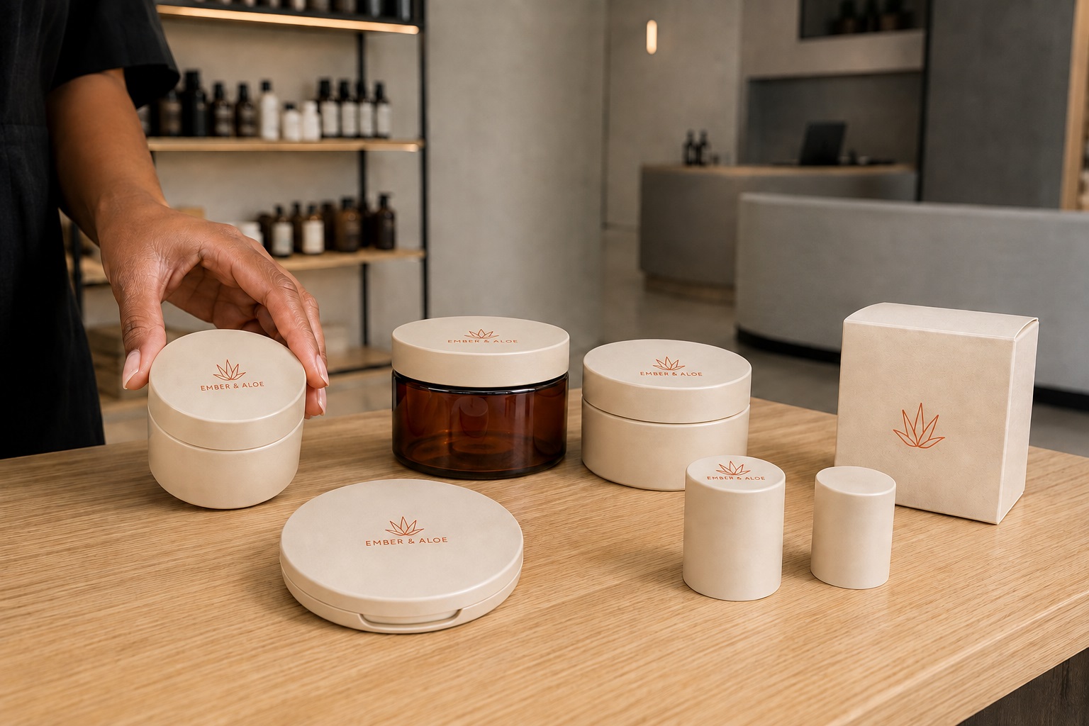 Assorted cosmetic containers and packaging with custom pad-printed logos