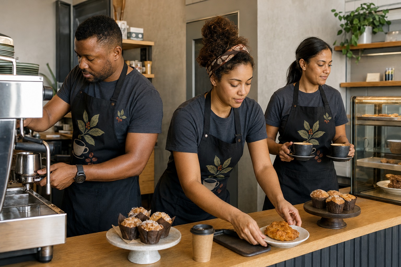South African hospitality staff wearing coordinated custom screen-printed shirts and aprons