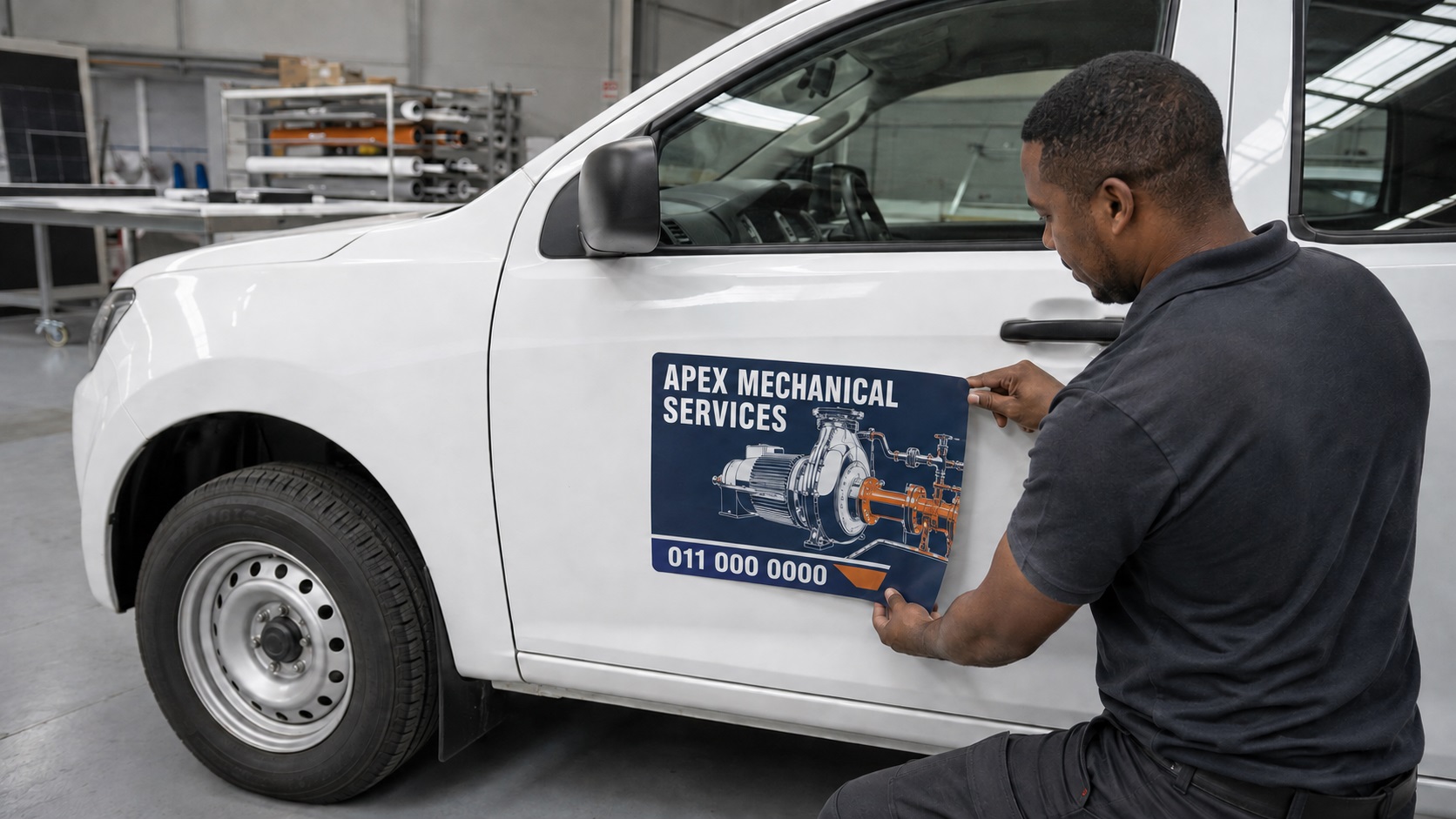 Technician applying a custom magnetic business graphic to a white vehicle in Springs, Gauteng