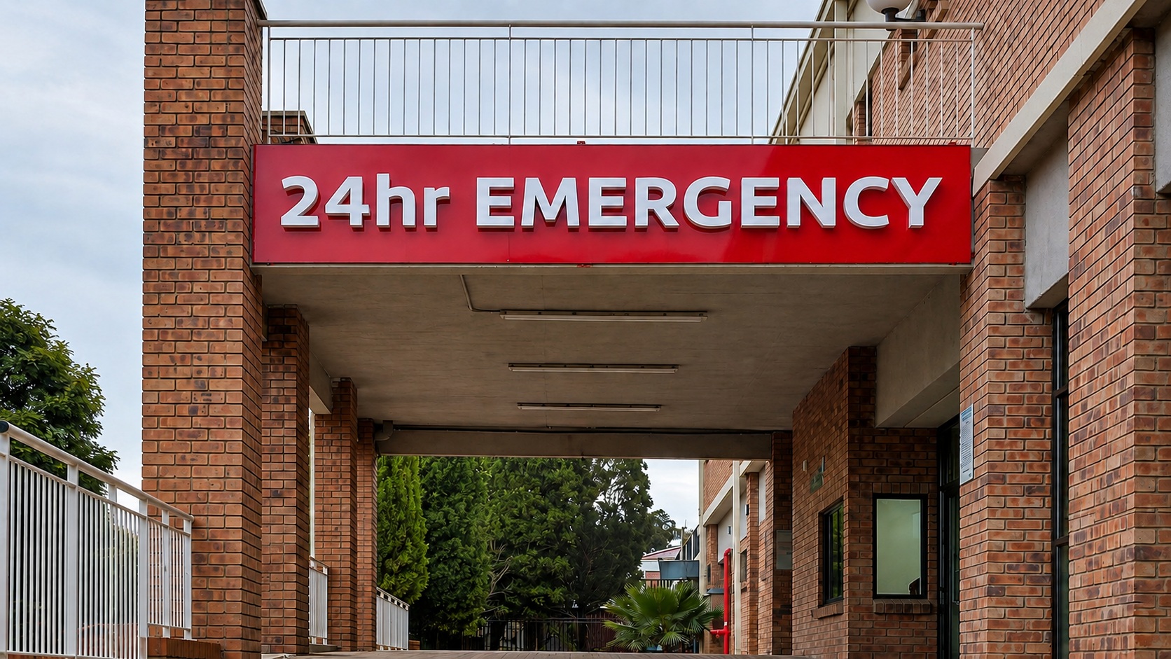 Red 24hr Emergency entrance sign installed across a covered brick building accessway.