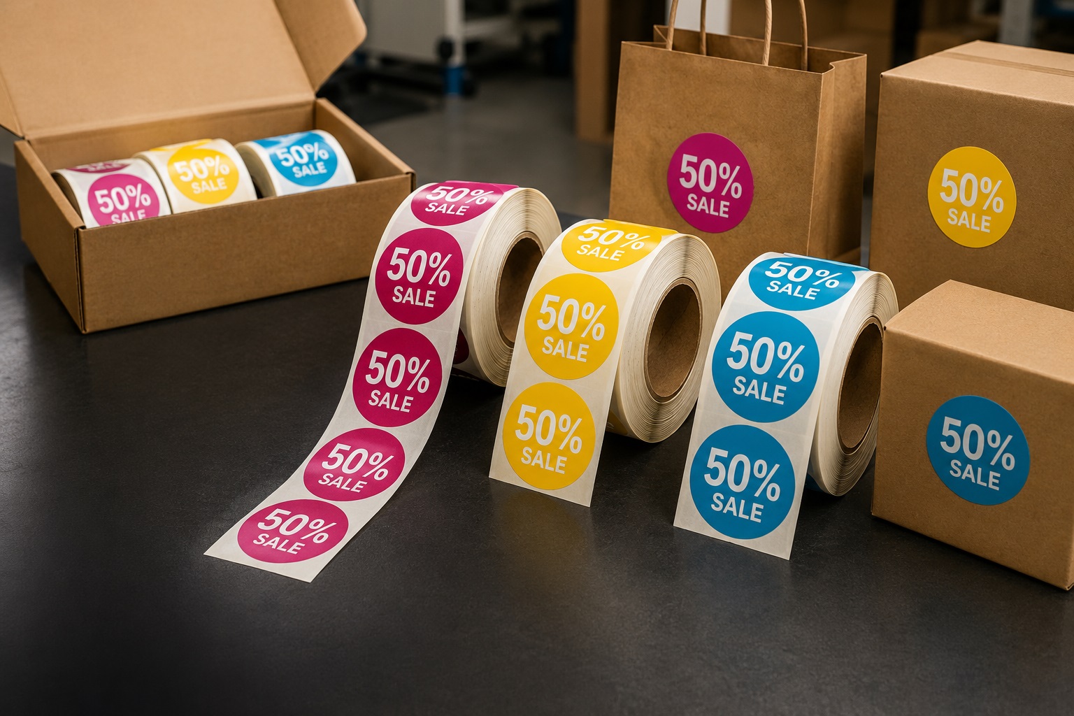 Illustrative retail label project showing rolls of colourful 50% sale stickers applied to packaging and shopping bags.