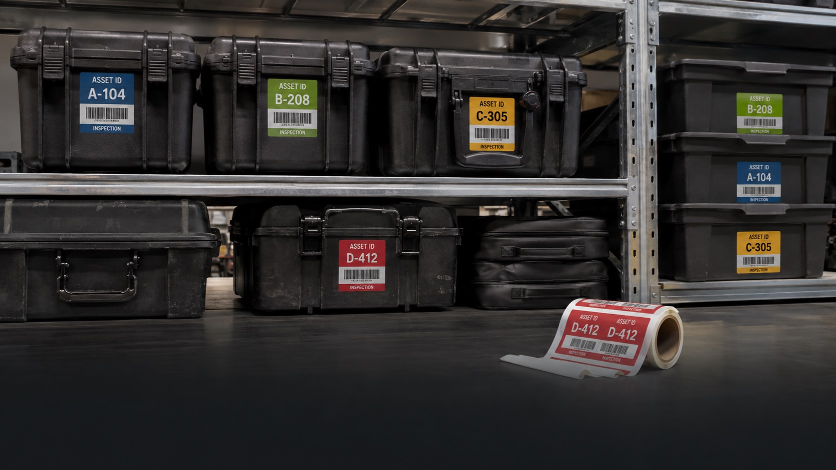 Illustrative operational label project showing colour-coded asset identification labels applied to equipment cases and storage containers.