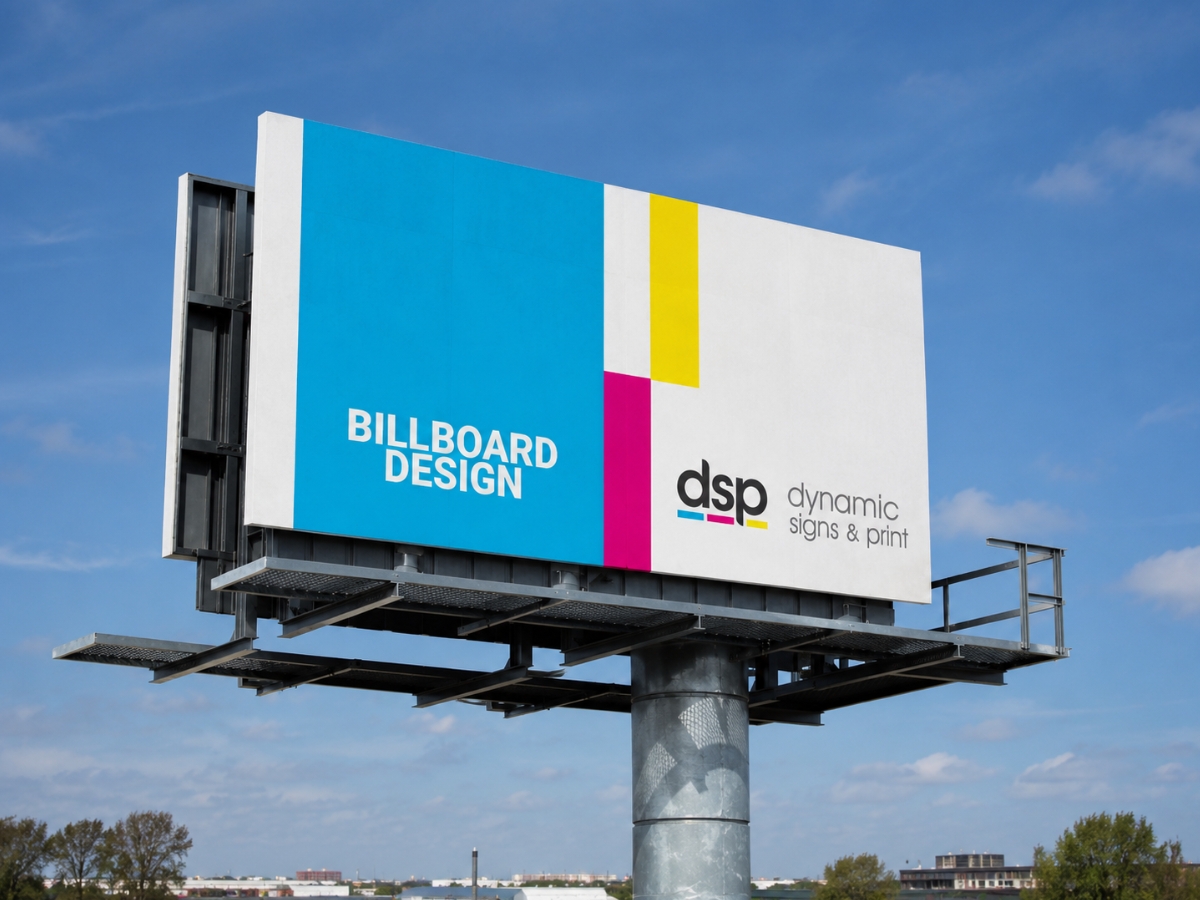 Large outdoor billboard displaying printed branding against a blue sky