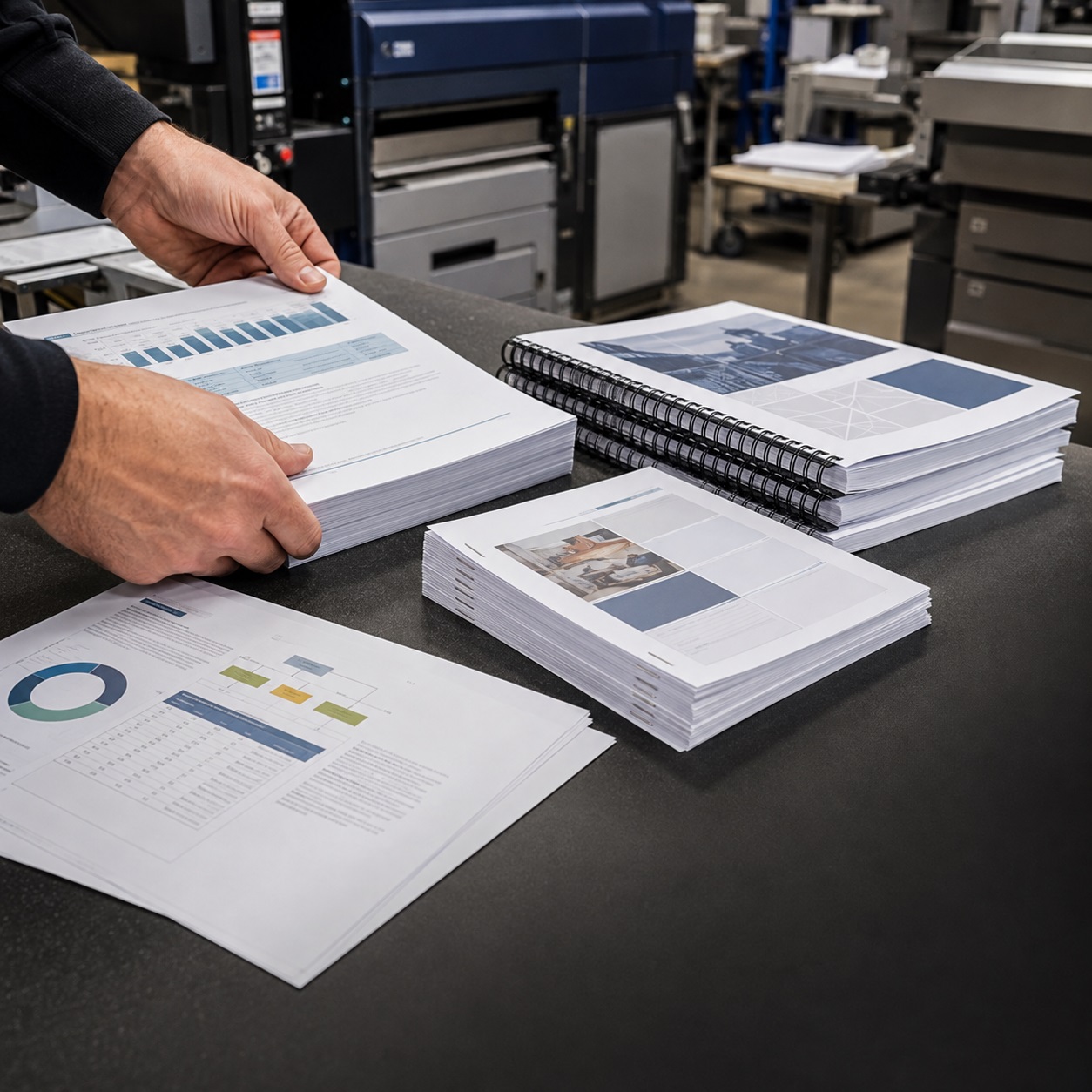 Illustrative copy centre production scene showing printed business documents being collated alongside spiral-bound manuals and finished reports.