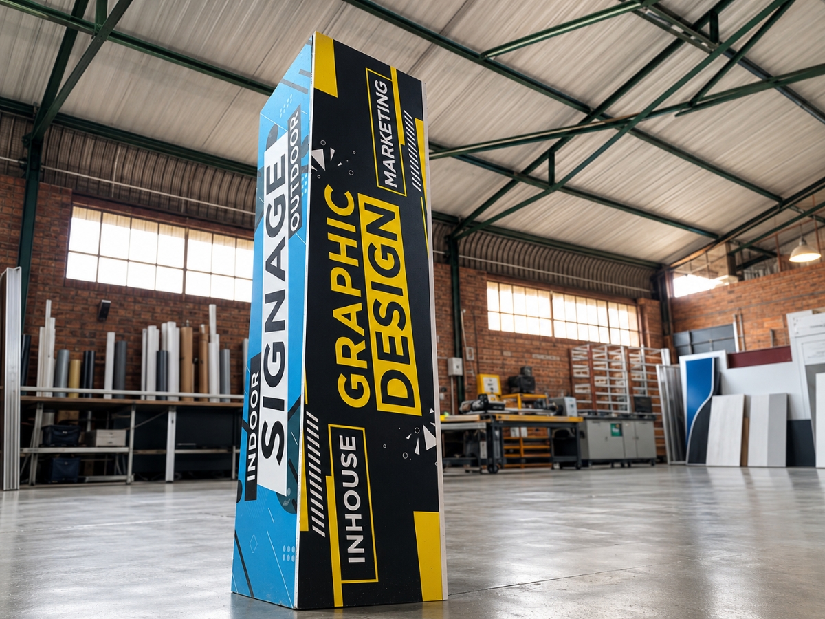 Custom freestanding indoor and outdoor signage structure inside the DSP production facility