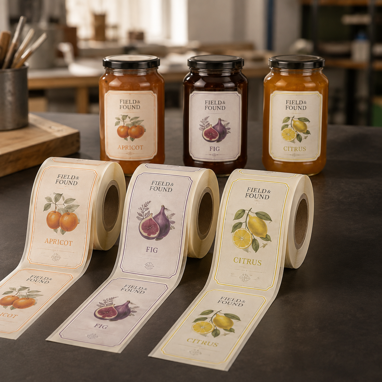 Illustrative custom label project showing apricot, fig and citrus labels on rolls with matching preserve jars.