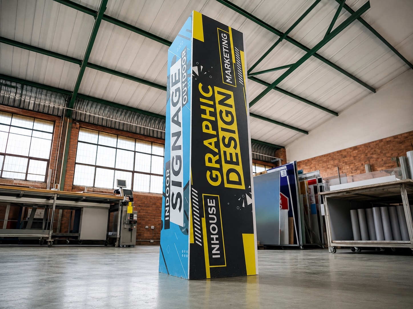 Custom freestanding printed display produced inside the Dynamic Signs & Print fabrication workshop in Springs, Gauteng.