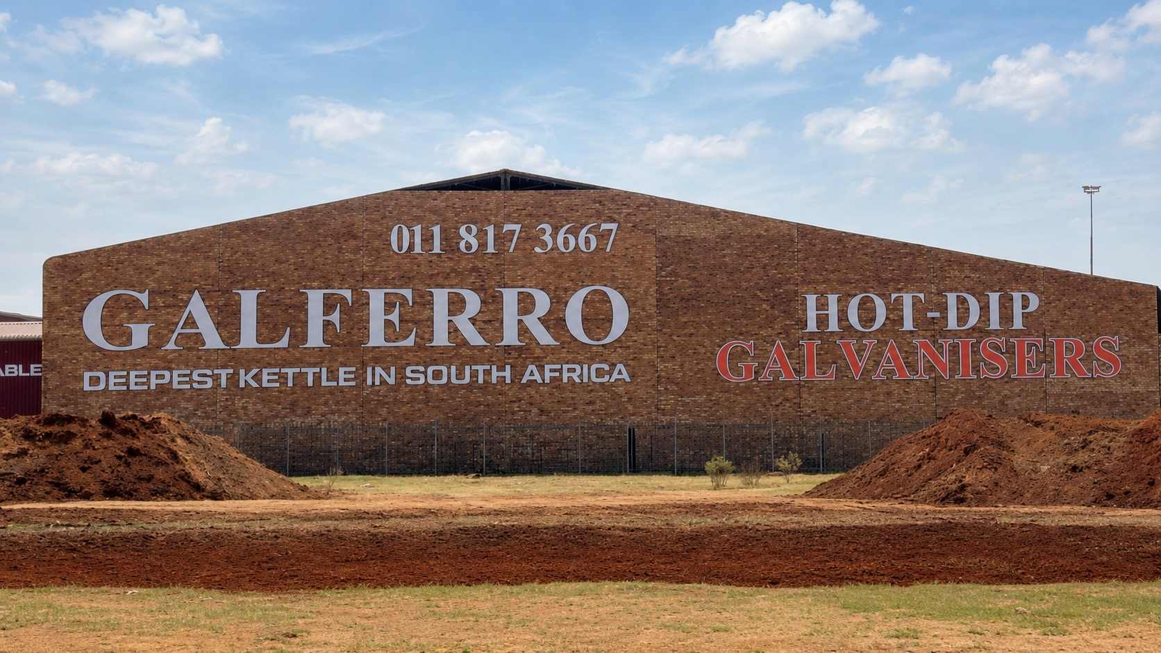 Large-format Galferro and Hot-Dip Galvanisers signage installed across an industrial brick building façade.