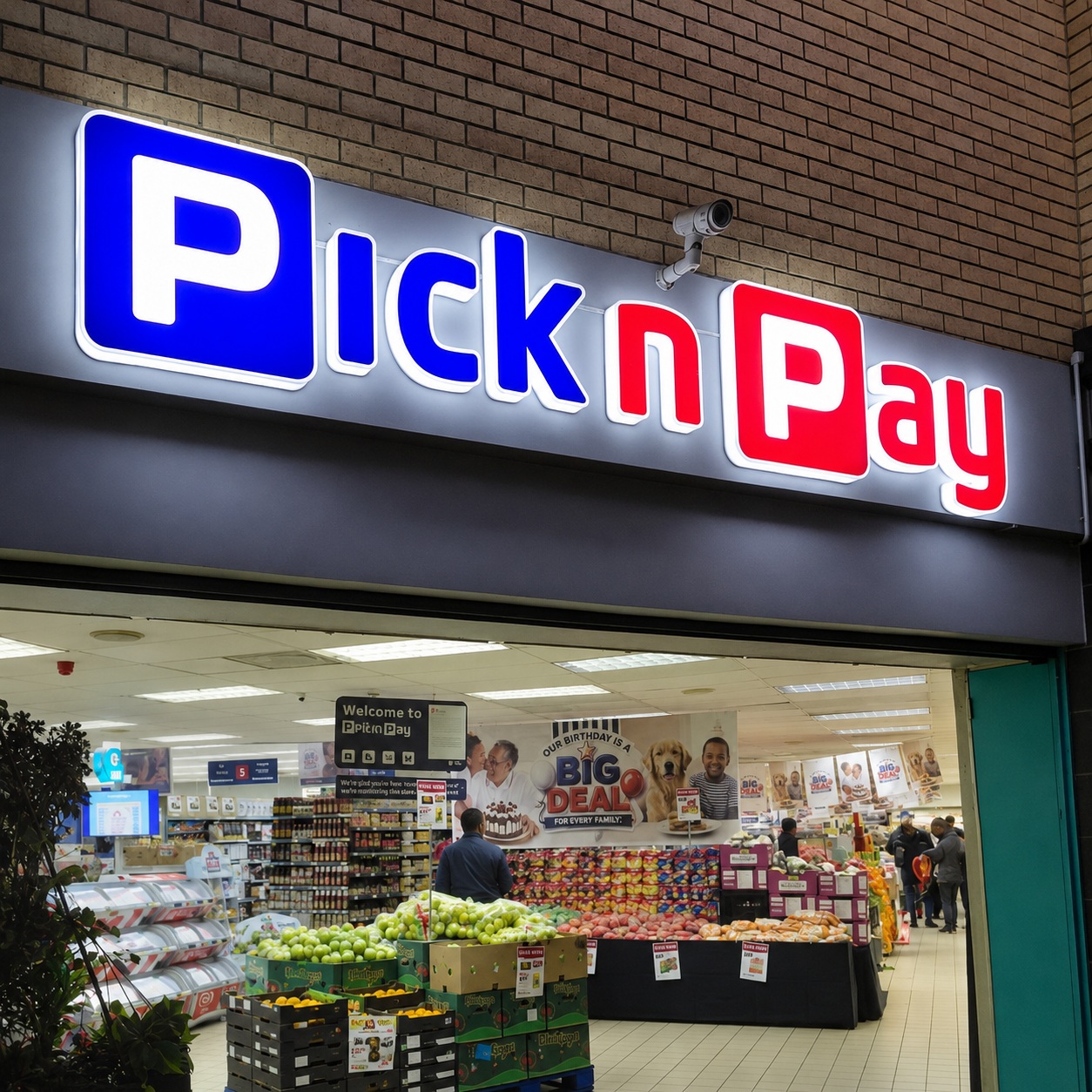 Illuminated Pick n Pay storefront signage installed above the entrance to a retail store.
