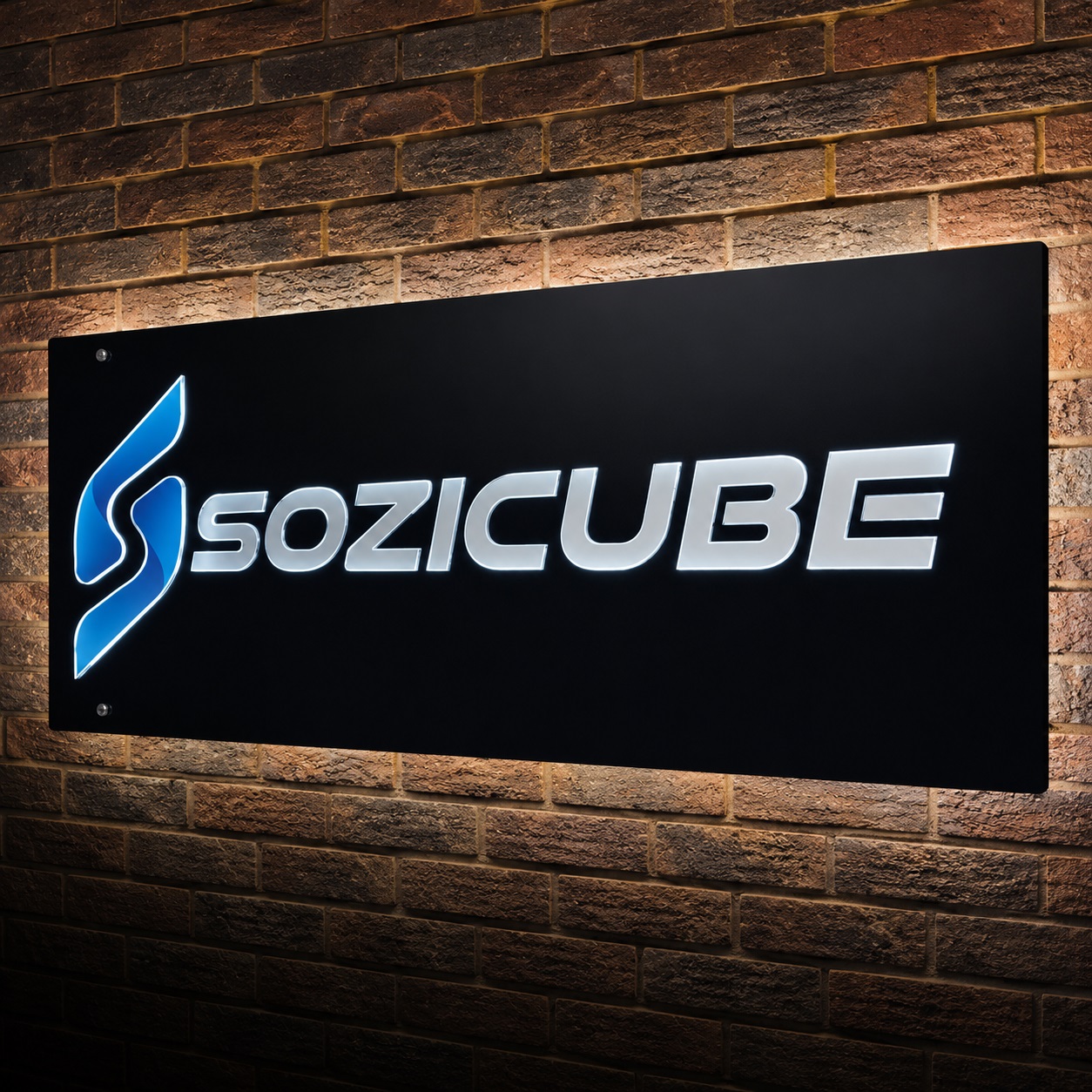 Illuminated Sozicube dimensional business sign produced by Dynamic Signs & Print.
