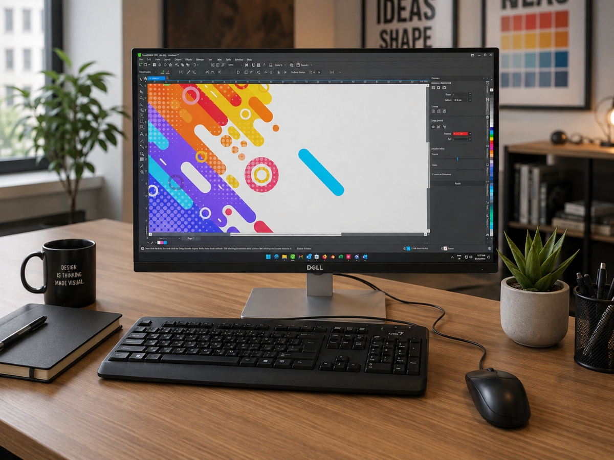 Designer workstation with professional artwork and graphic design software displayed on screen