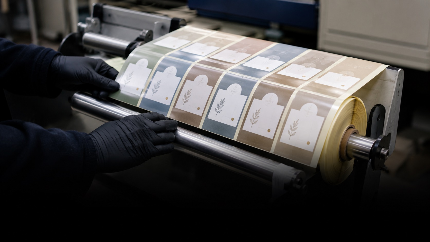 Illustrative label production scene showing printed labels on release liner being checked and rewound.