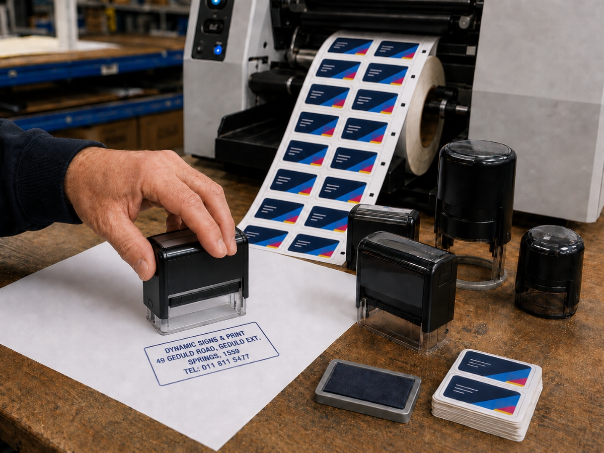 Printed business labels, self-inking rubber stamps and custom company stamp production