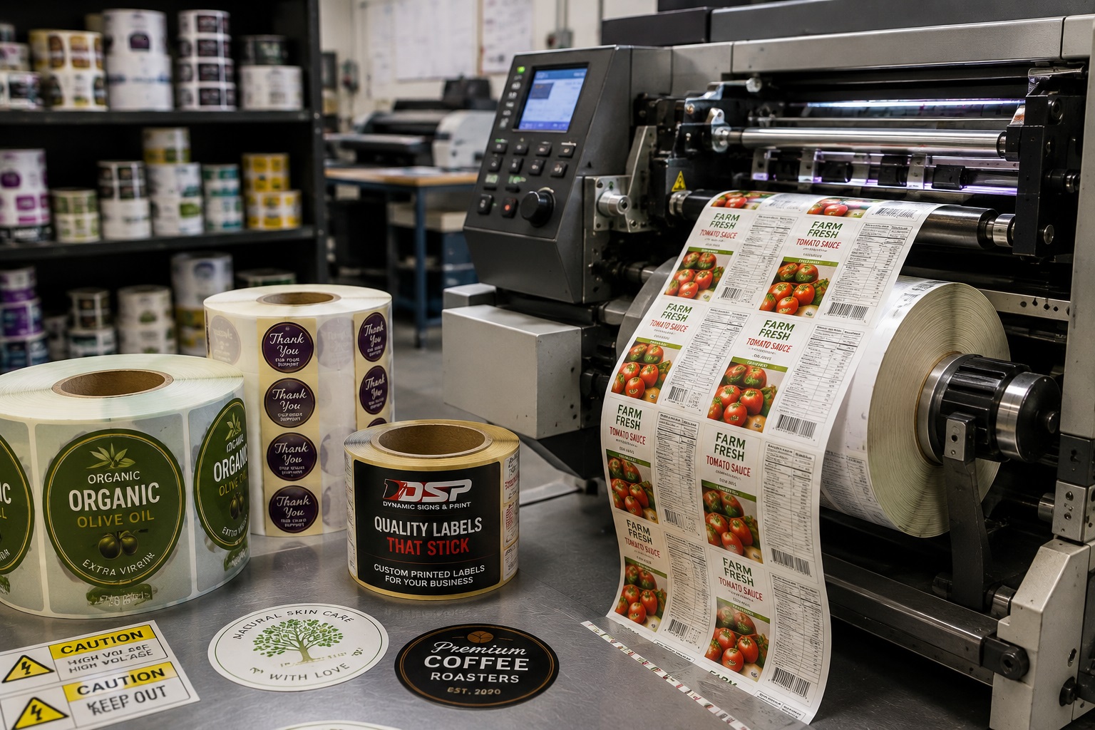 Custom printed business and product labels produced by Dynamic Signs and Print in Springs, Gauteng