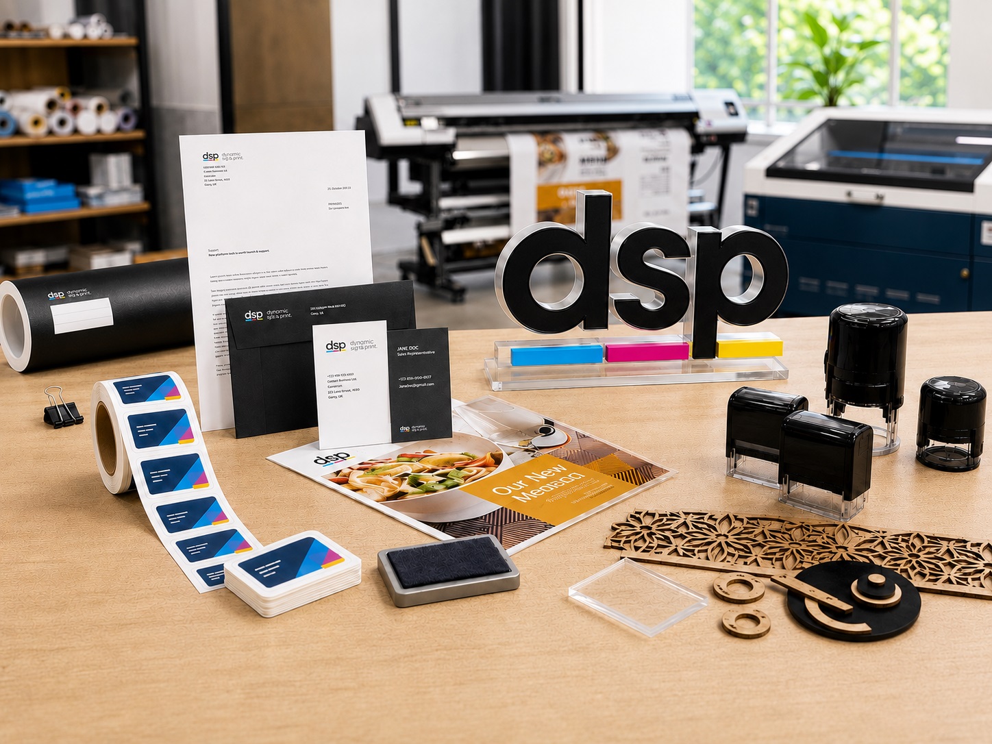 Custom labels, rubber stamps, stationery and branded products produced by Dynamic Signs & Print