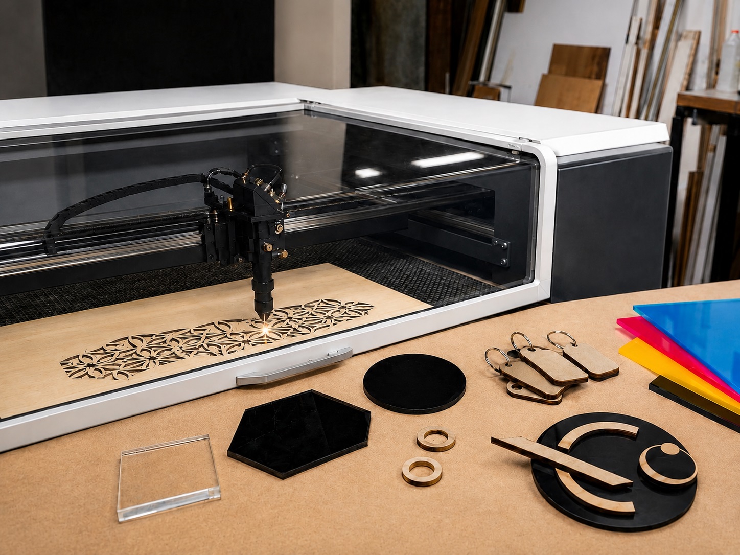 Laser cutting equipment producing custom wooden and acrylic components at Dynamic Signs & Print