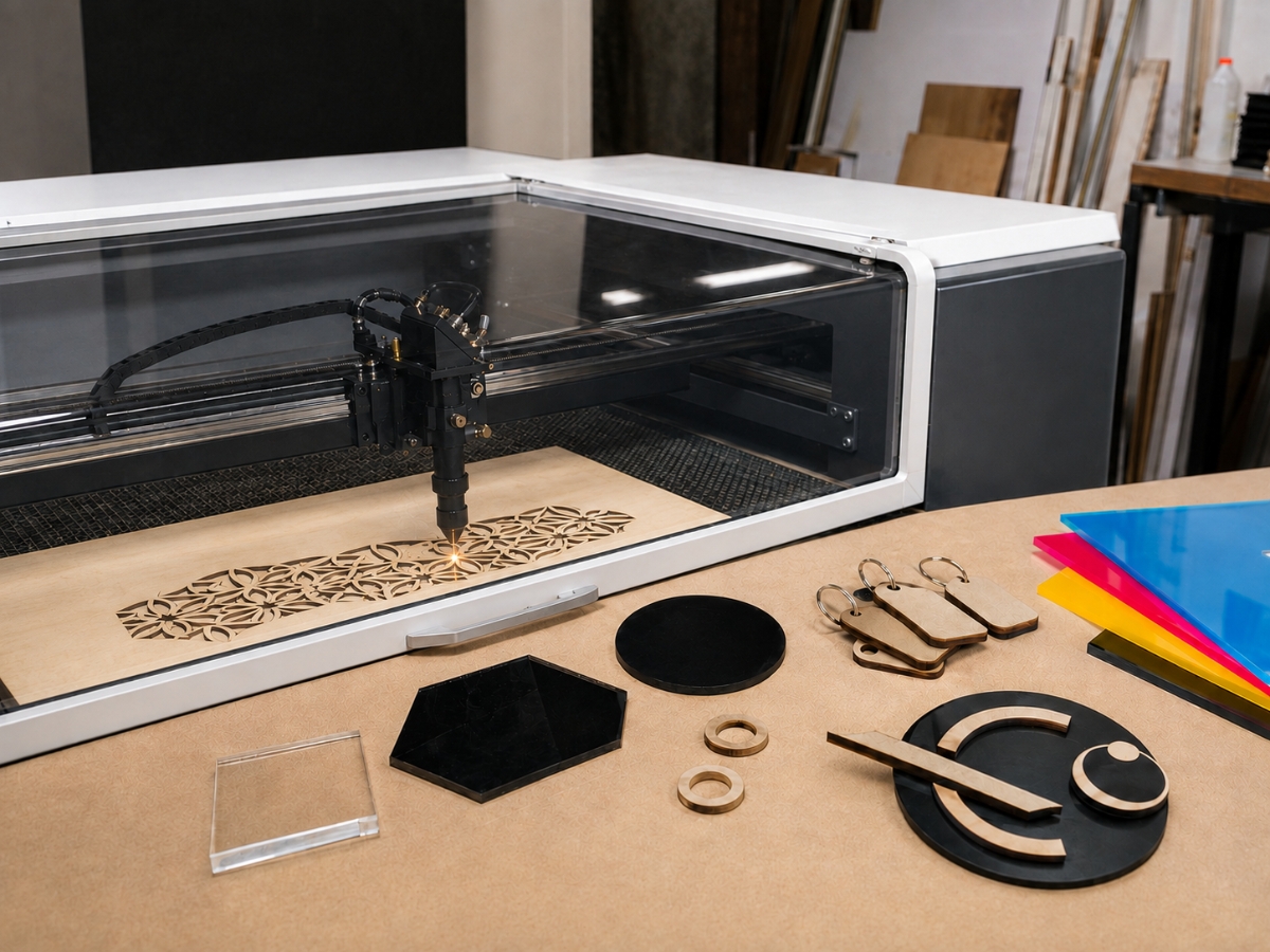 Laser cutting machine producing detailed wooden and acrylic components and finished items