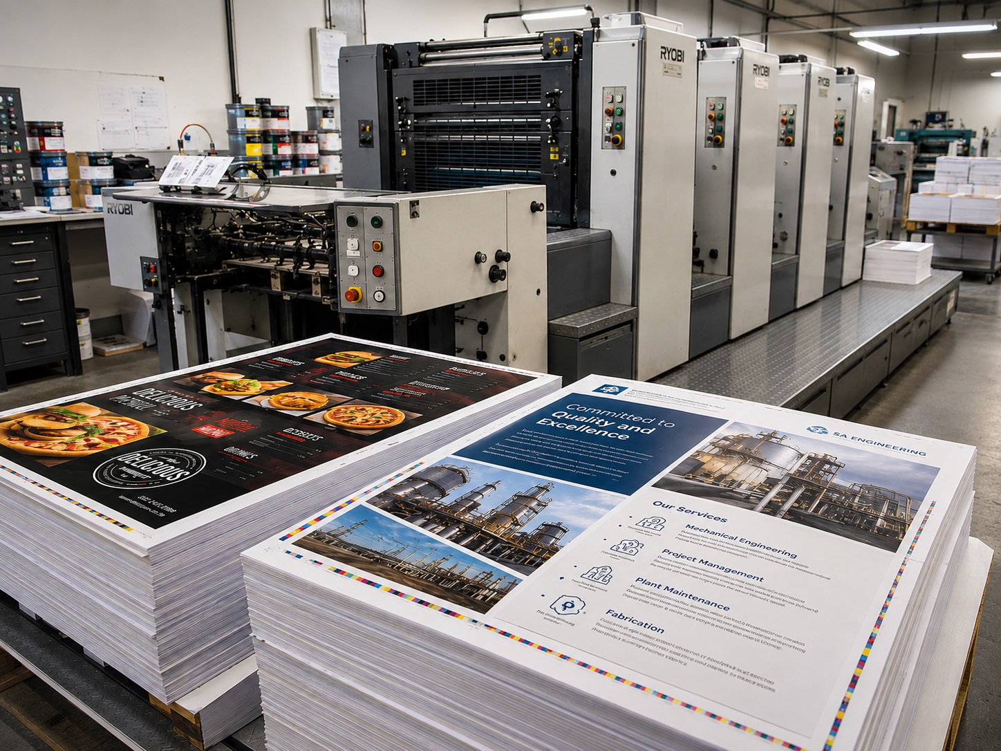 Commercial printed materials beside a lithographic printing press at Dynamic Signs & Print