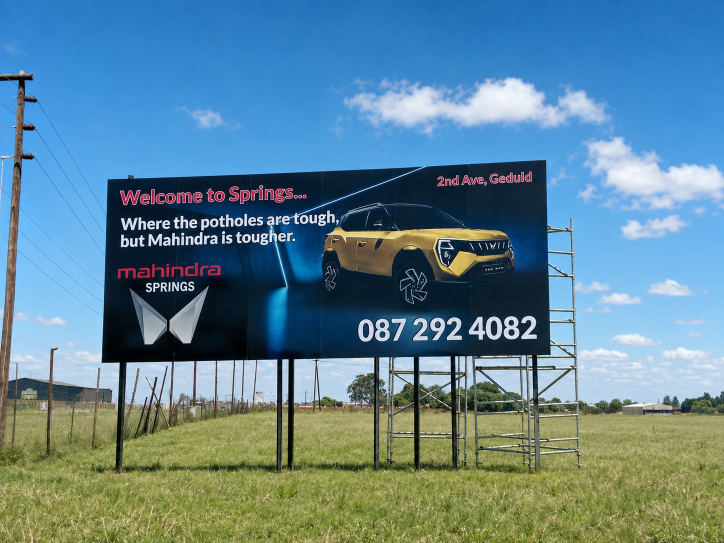 Large-format Mahindra roadside billboard produced by Dynamic Signs & Print in Springs, Gauteng