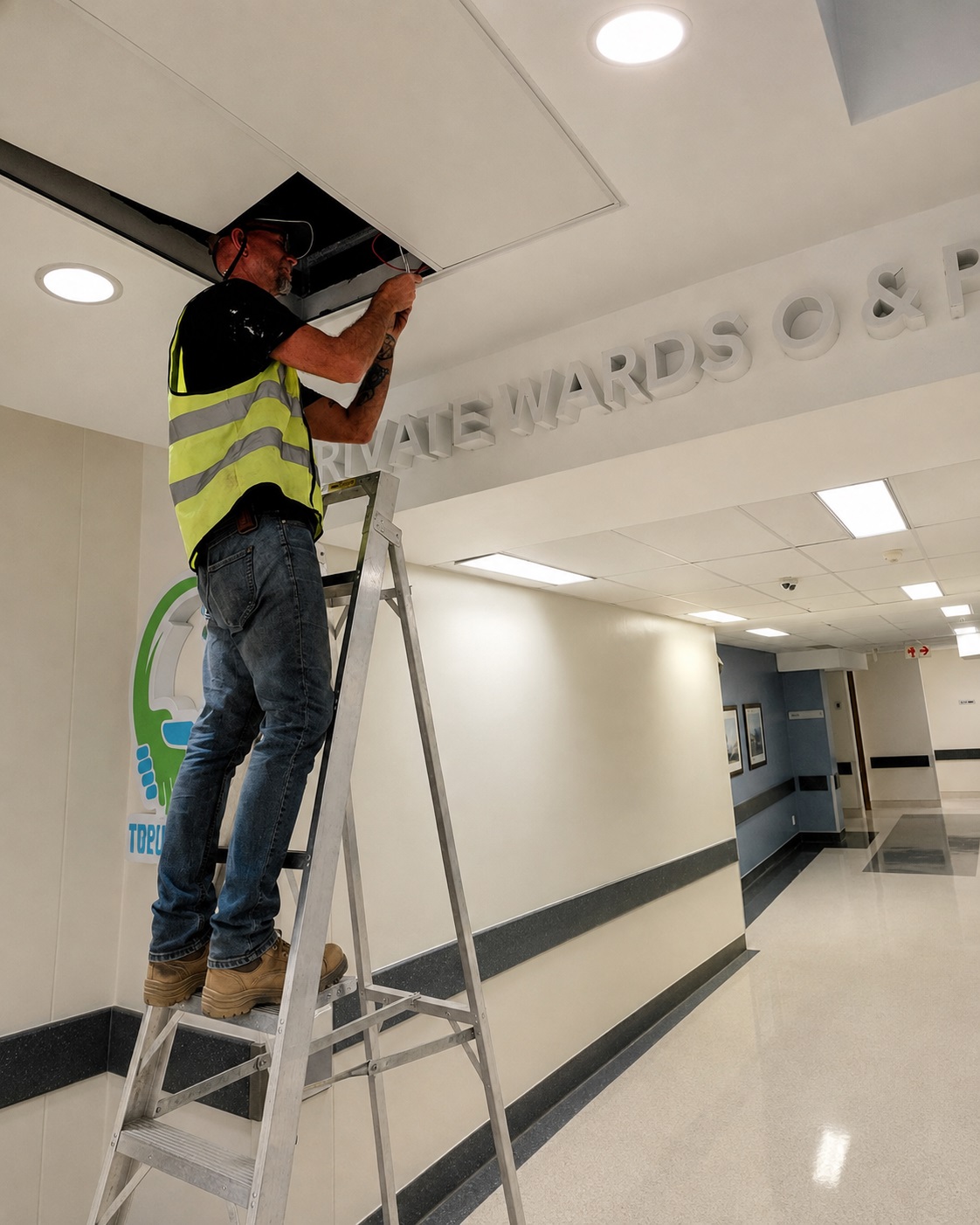 Installer fitting dimensional wayfinding signage at a client facility for Dynamic Signs & Print.