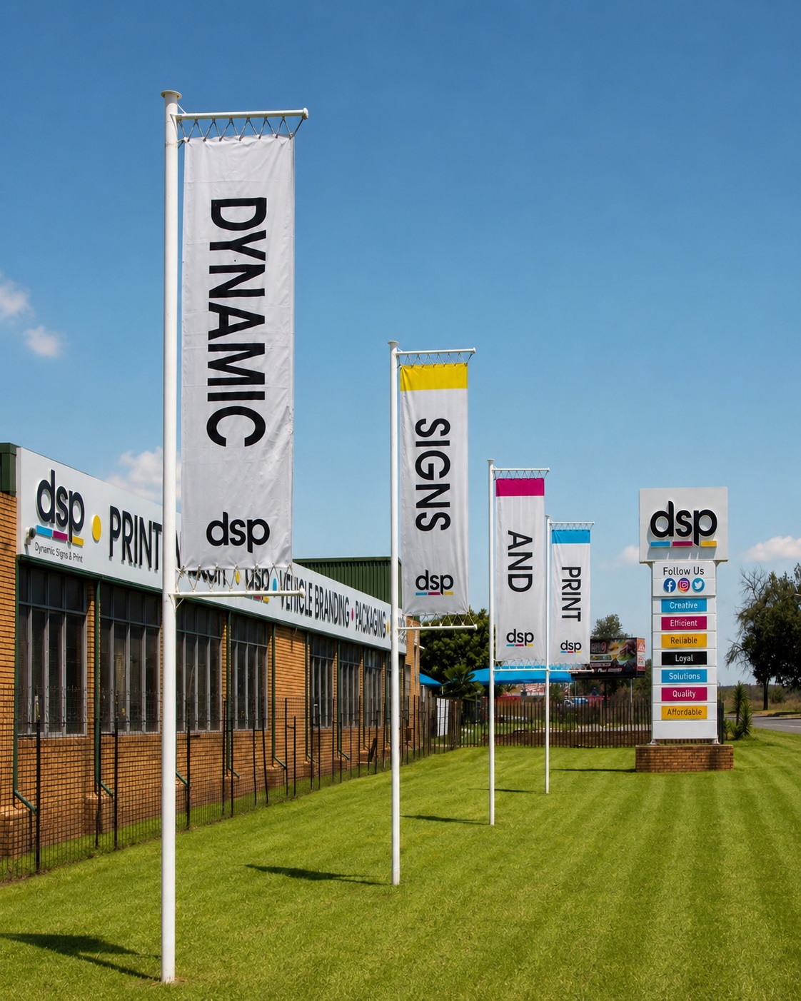 Dynamic Signs & Print premises and branded flags in Springs, Gauteng.