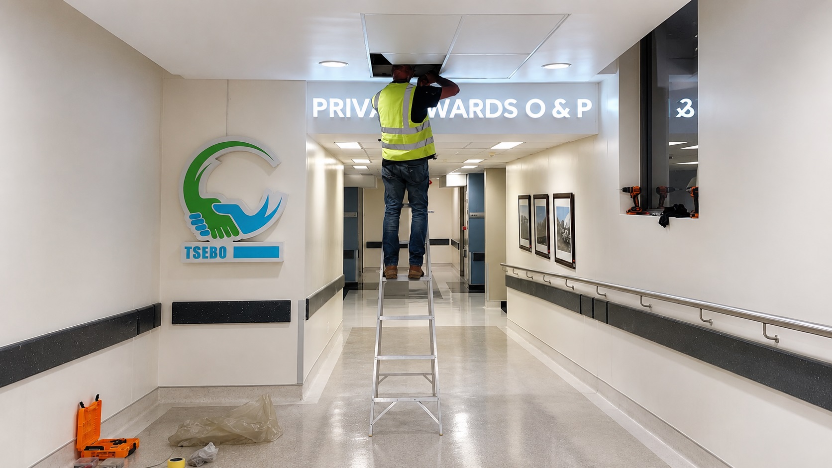 DSP installer fitting illuminated Private Wards O and P signage inside a healthcare facility.