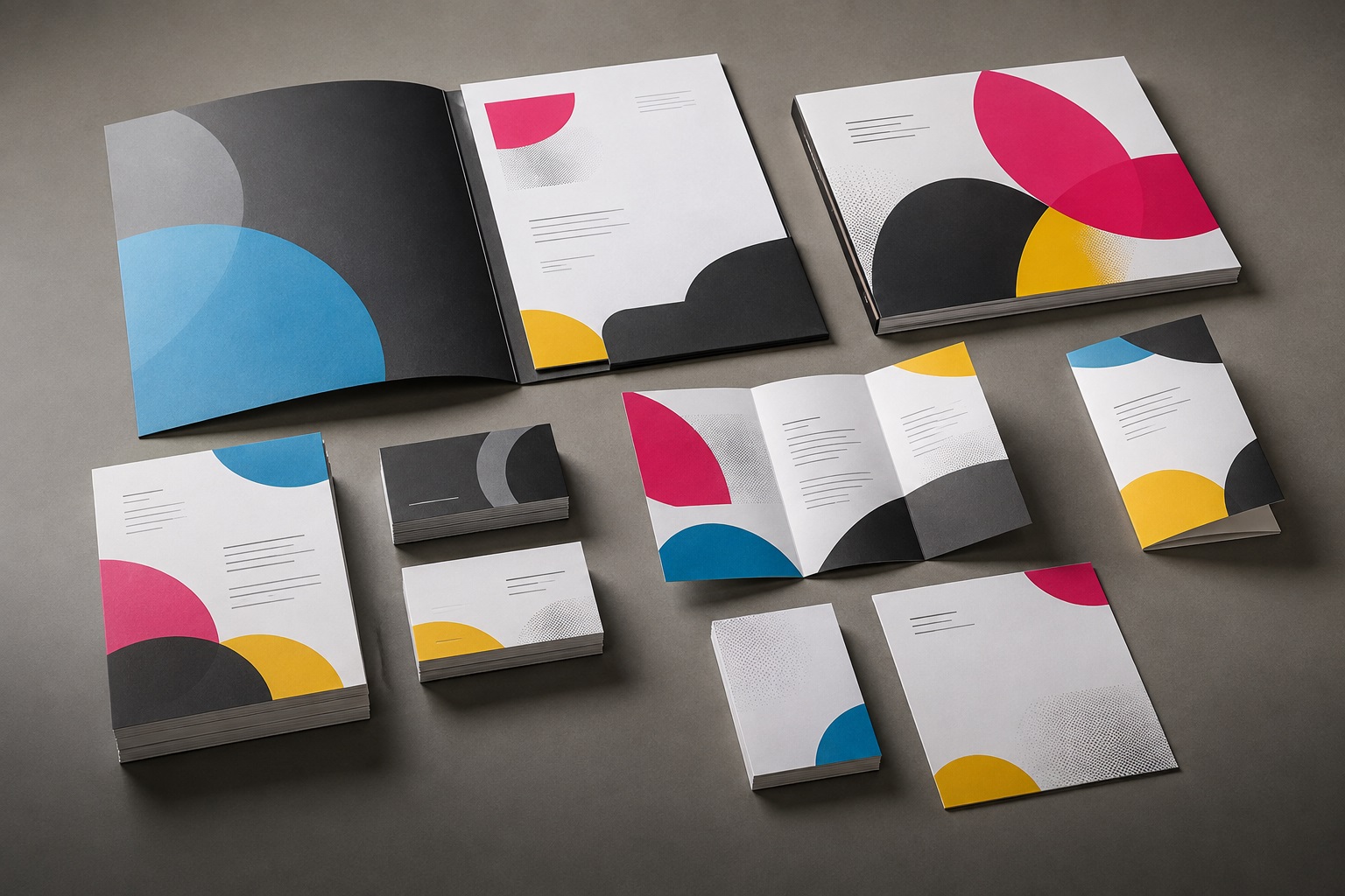 Illustrative arrangement of full-colour brochures, presentation folders, stationery and business cards