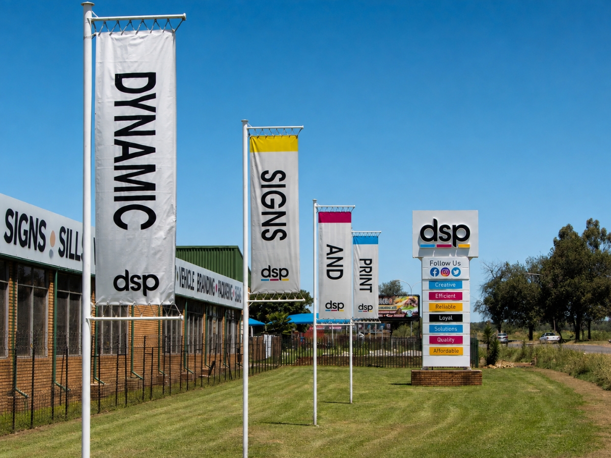 Dynamic Signs & Print premises with branded flags and roadside signage in Springs, Gauteng