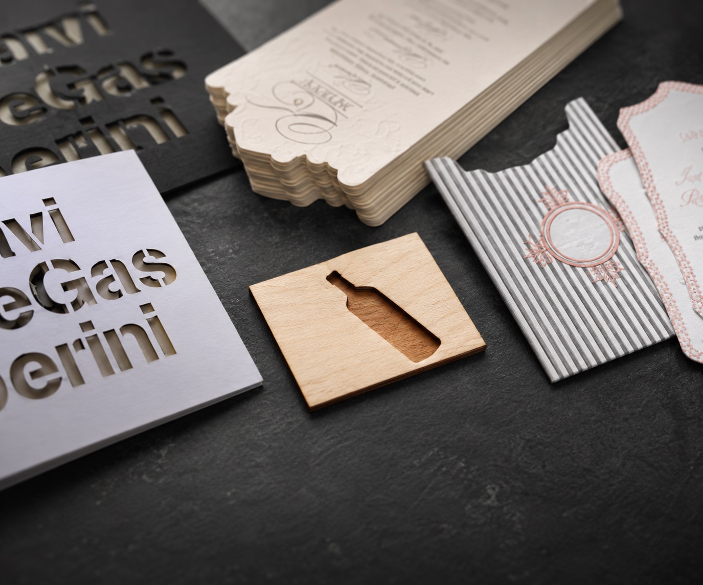Precision-cut paper, card and wood samples representing DSP specialist production services