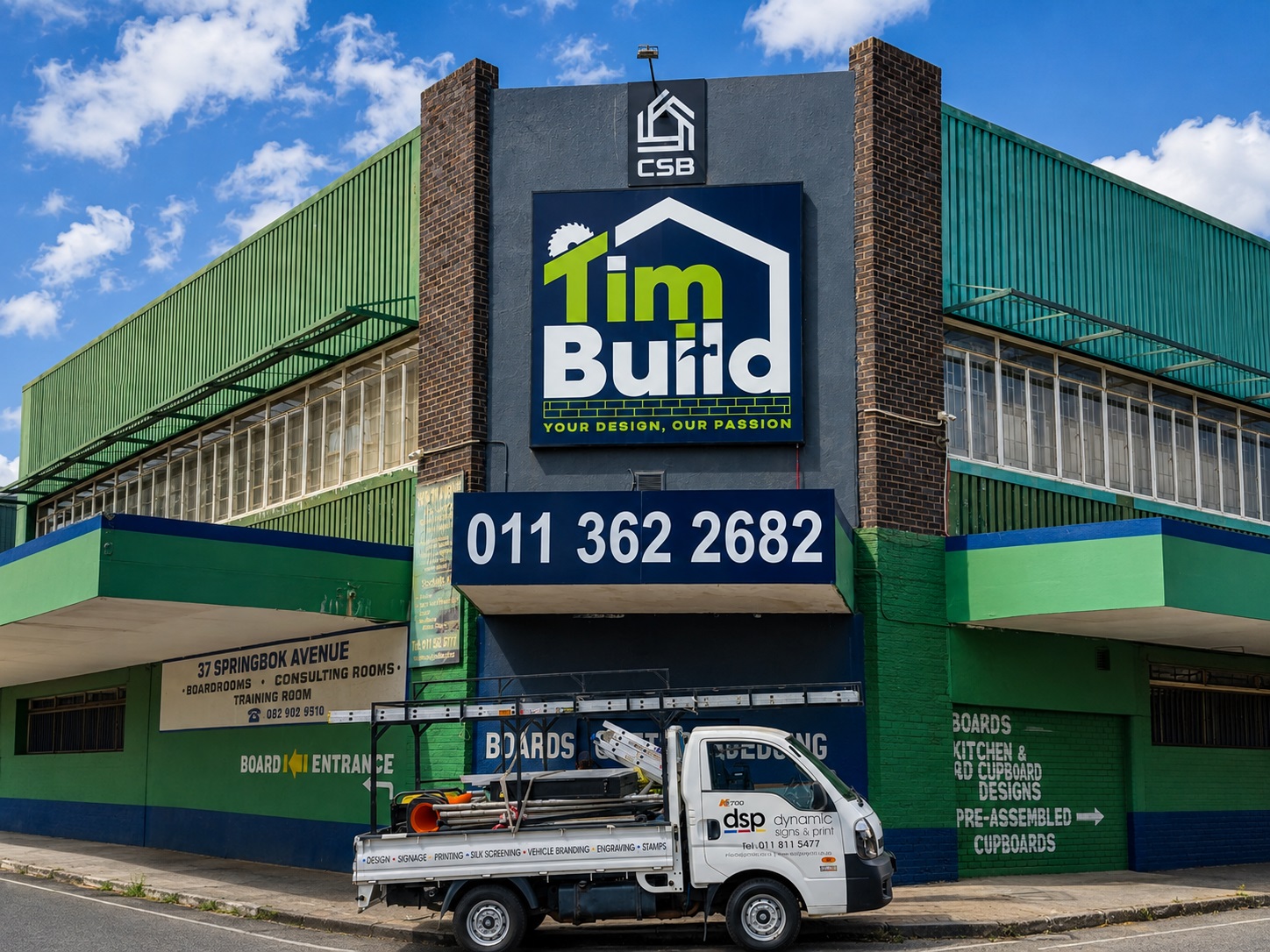Tim Build commercial premises signage completed by Dynamic Signs & Print in Springs, Gauteng