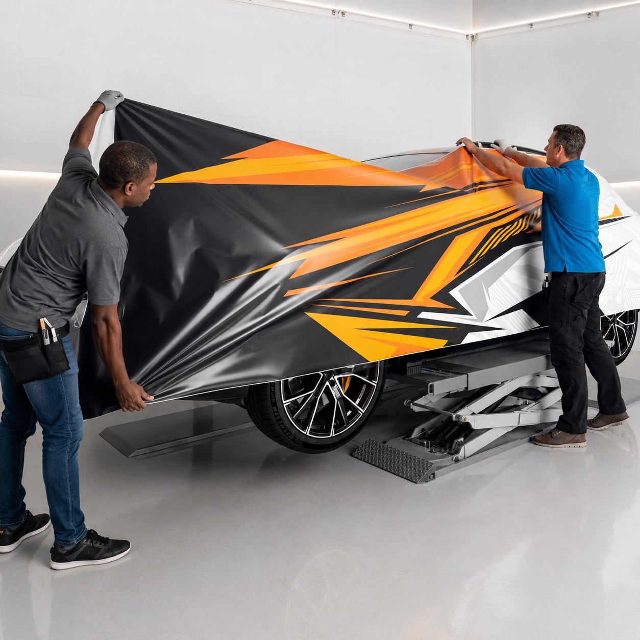 Two technicians positioning a large printed vinyl wrap on a commercial vehicle during the vehicle-branding process.