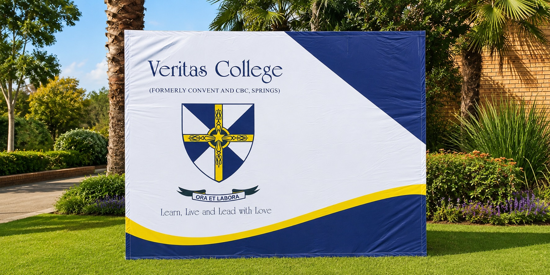Large-format branded Veritas College banner produced by Dynamic Signs & Print.