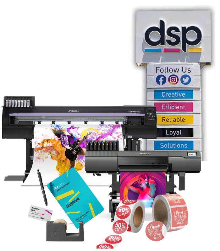Dynamic Signs & Print wide-format printers, business stationery, labels and signage display