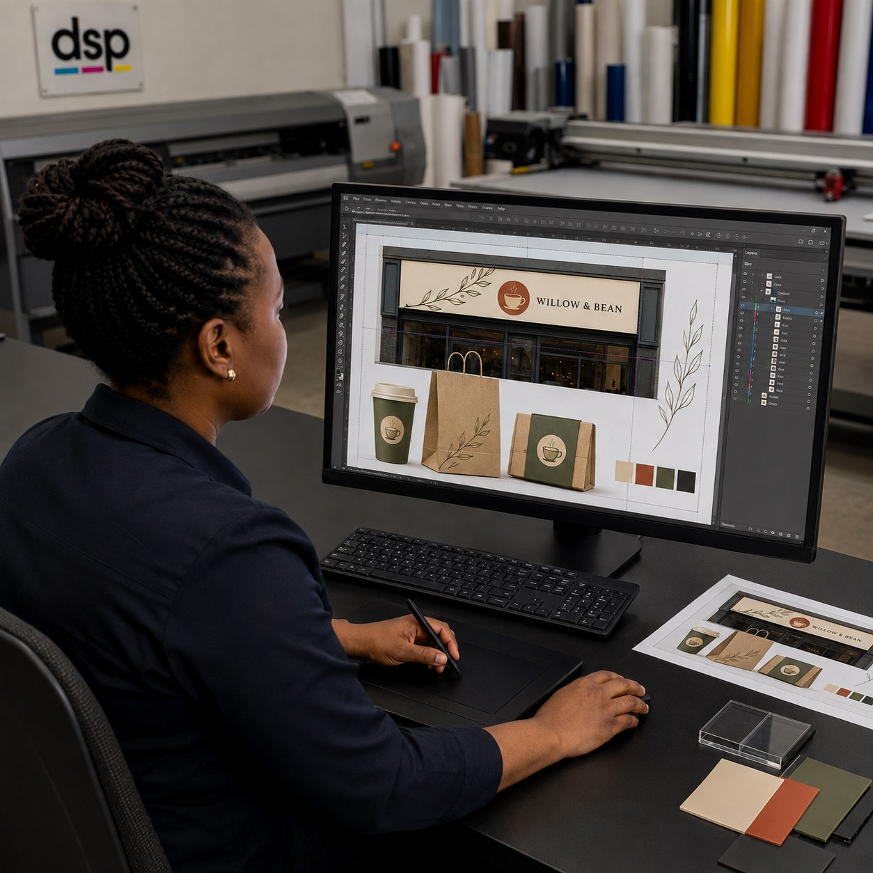 DSP designer developing café signage and packaging artwork at an in-house design workstation in Springs, Gauteng