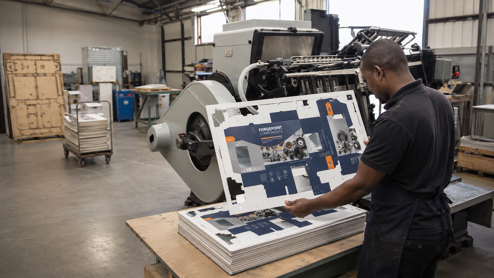 Operator inspecting die-cut printed packaging during industrial production in Springs, Gauteng