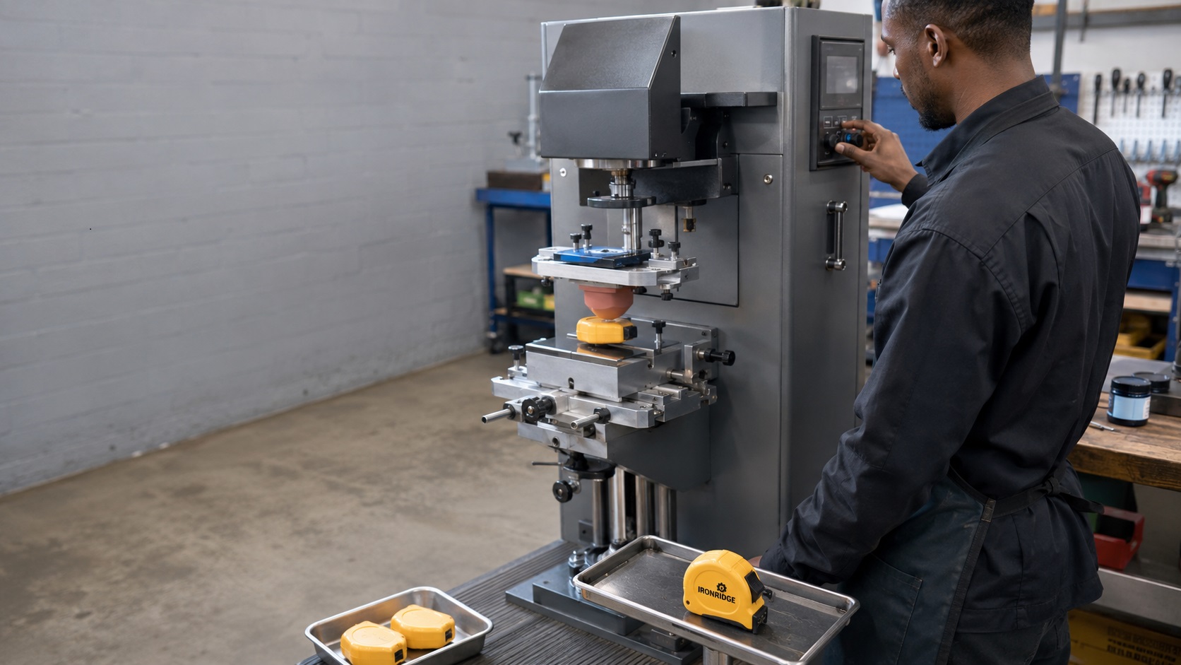 Technician operating an industrial pad-printing machine in Springs, Gauteng