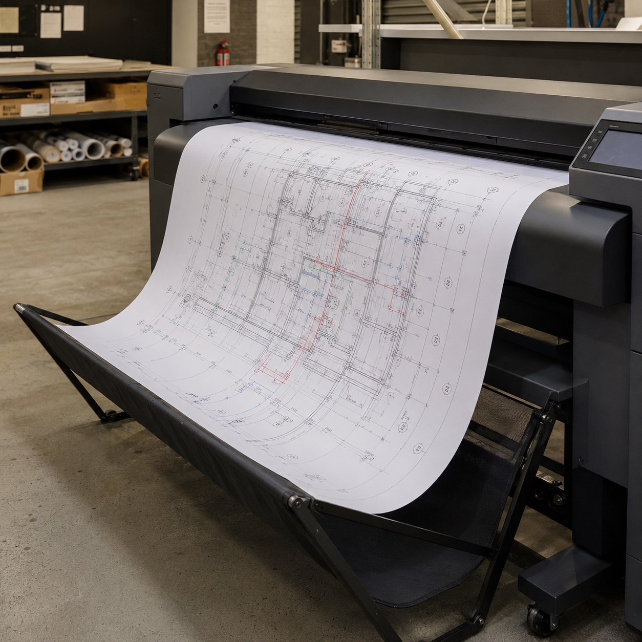 Large-format printer producing a detailed architectural building plan
