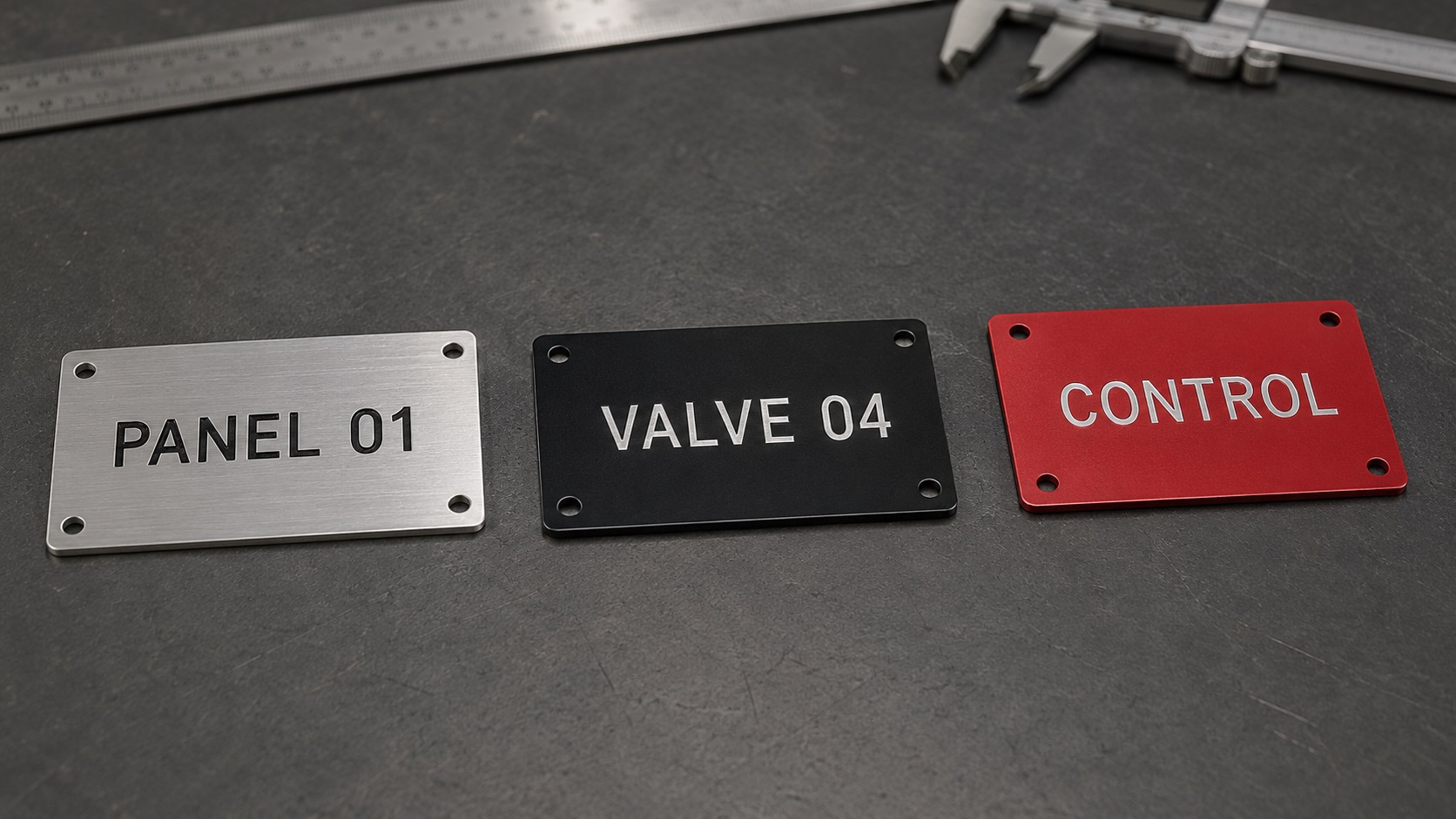 Laser-cut and engraved industrial identification plates produced by Dynamic Signs and Print