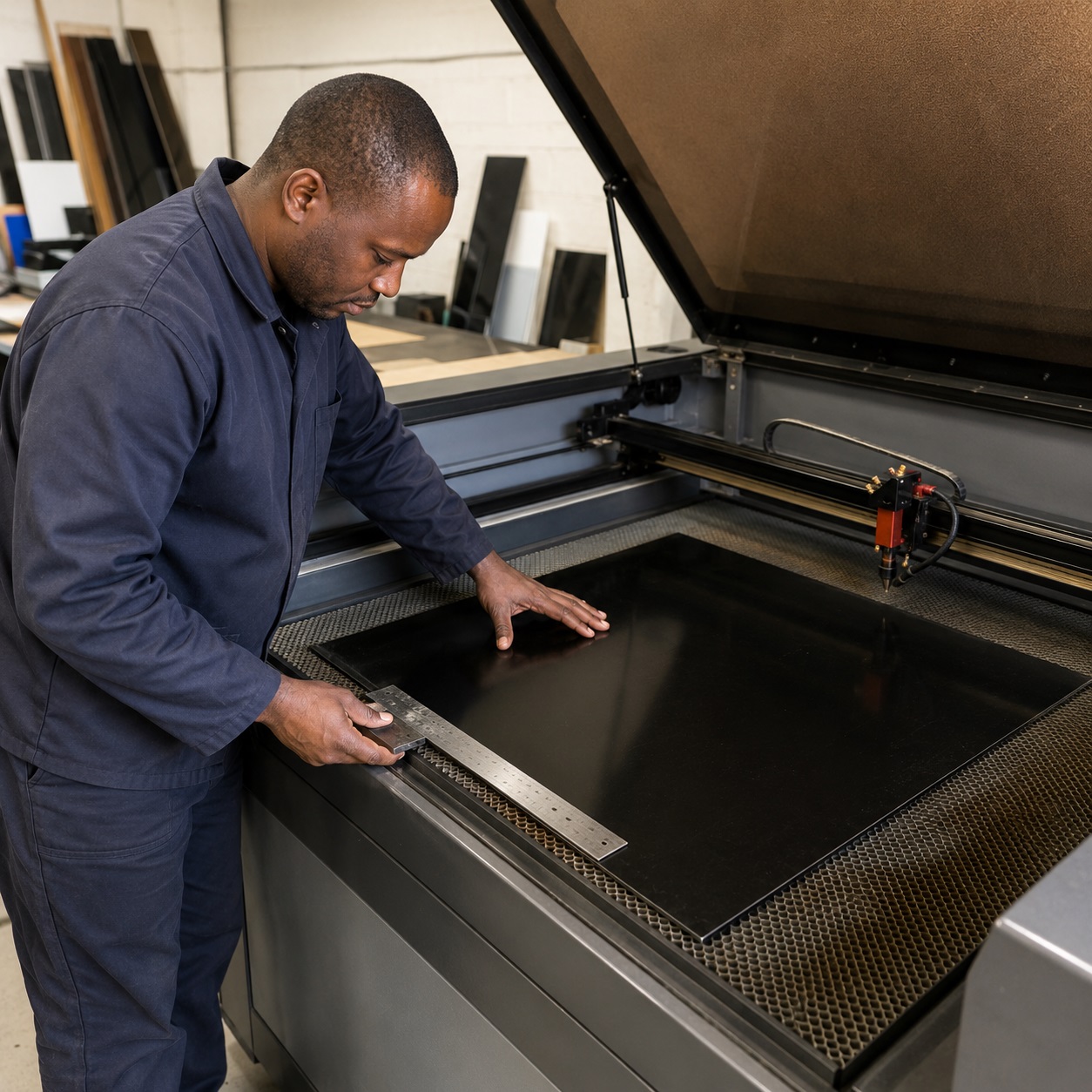 Technician positioning a black acrylic sheet on a laser cutting machine before production