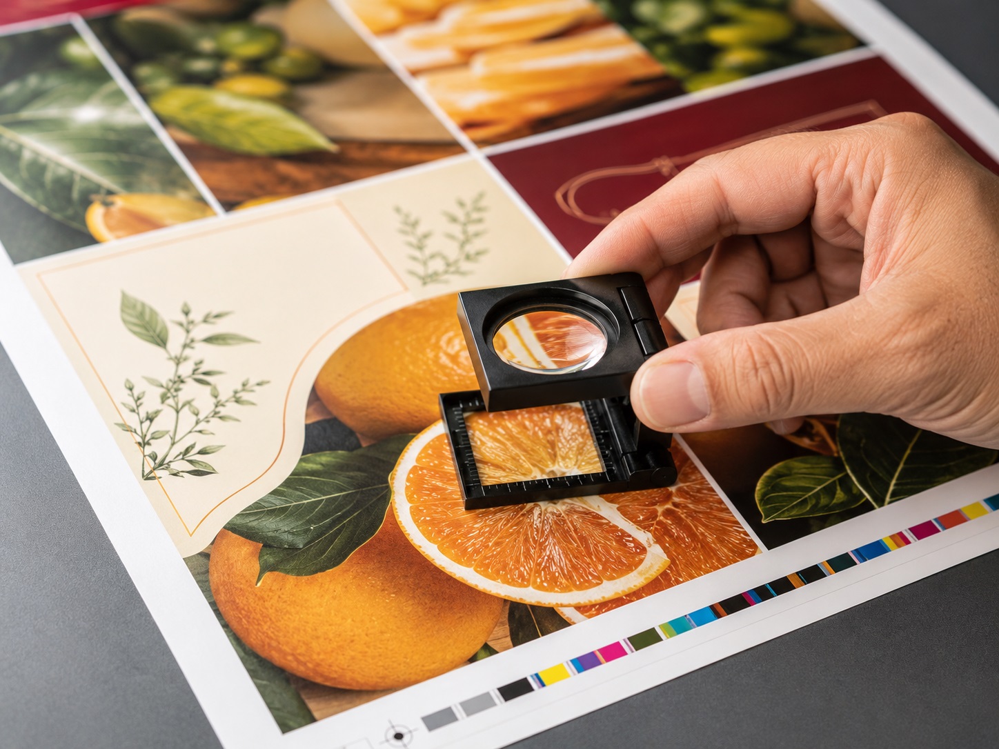 Litho print quality-control inspection showing CMYK colour-registration marks