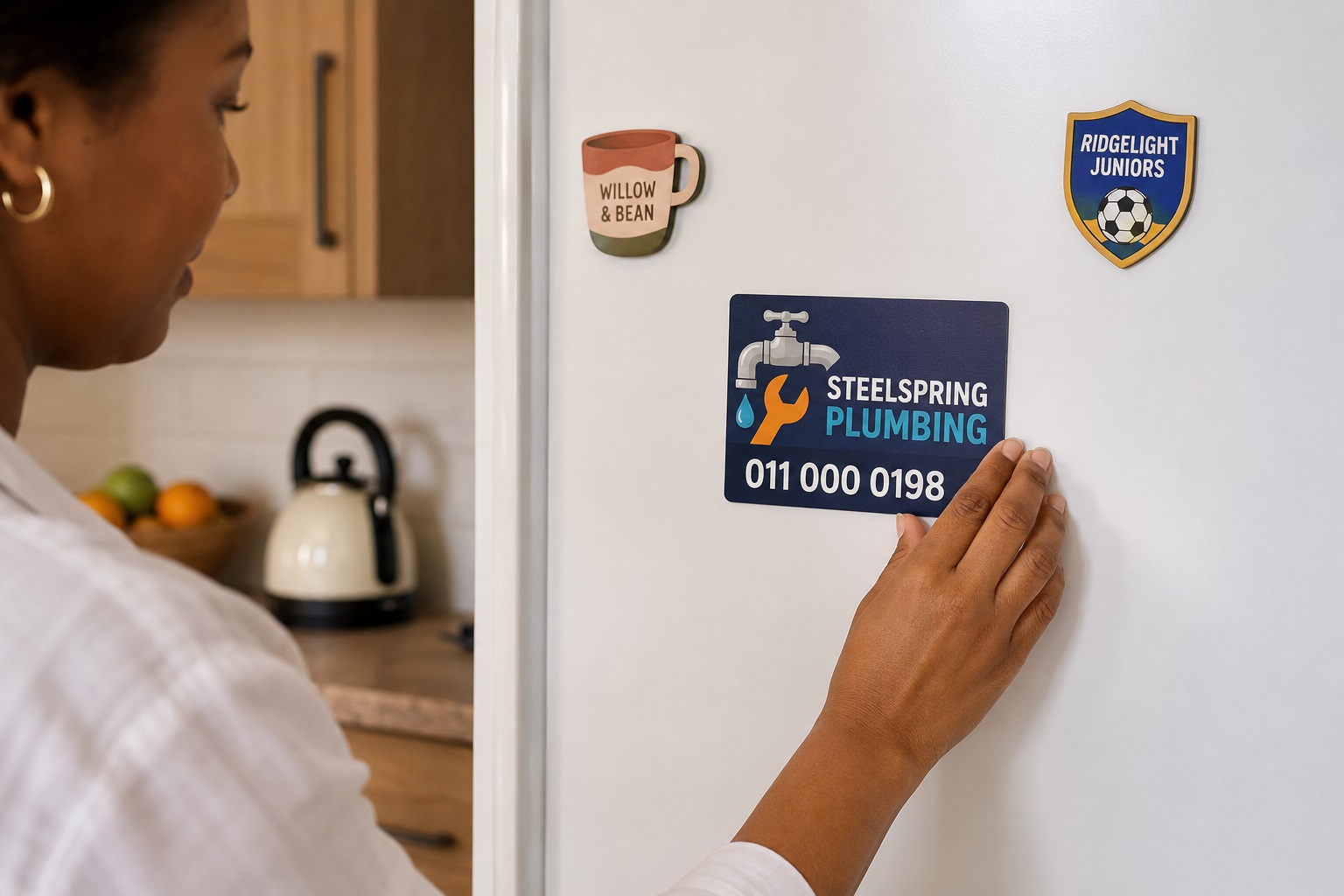 Custom magnetic business contact card printed with company branding and contact details