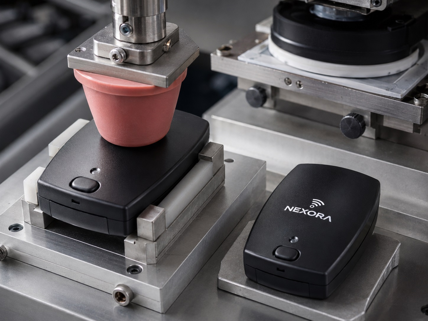 Close-up of a silicone printing pad applying a logo to a black plastic component