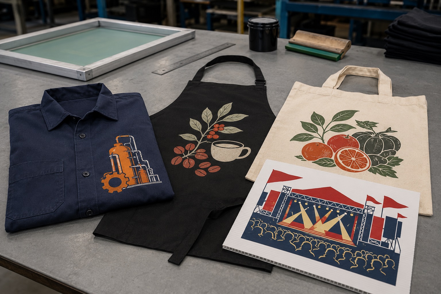 Completed silk-screen printed workwear, tote bag and display products arranged for inspection in Springs, Gauteng